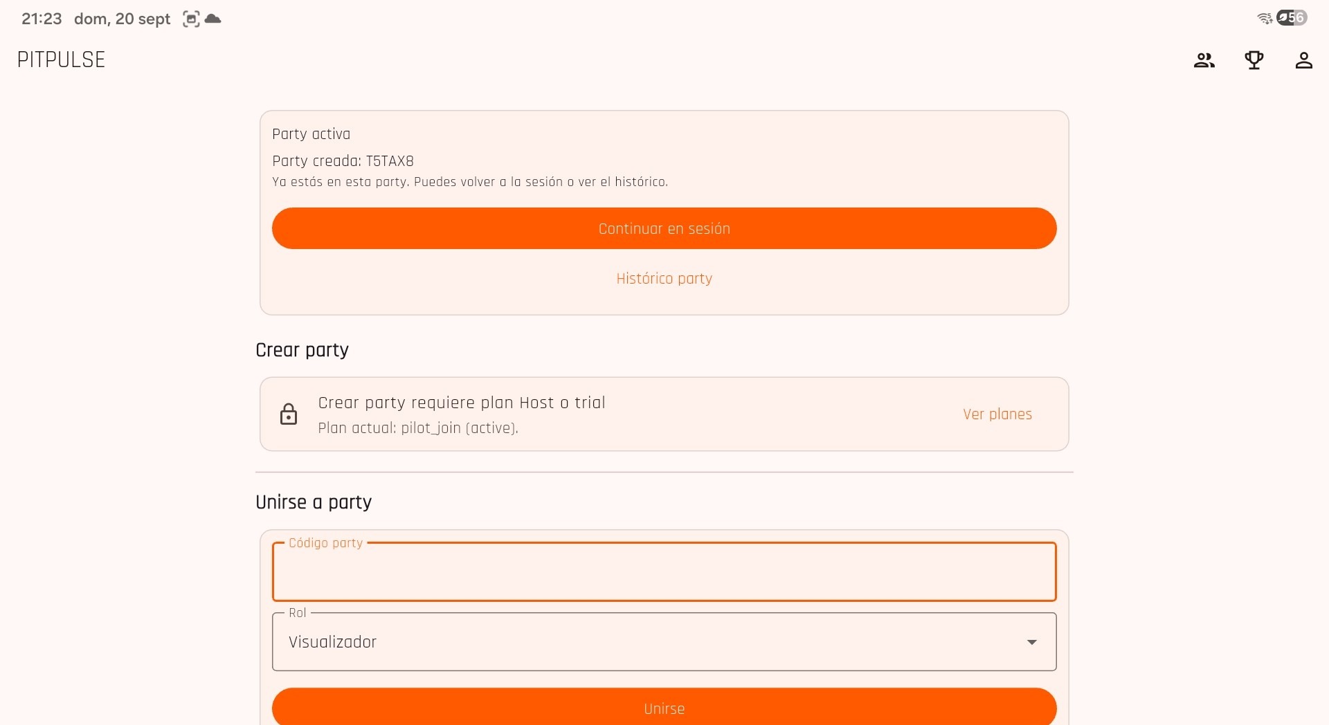 Main menu: create or join a party
